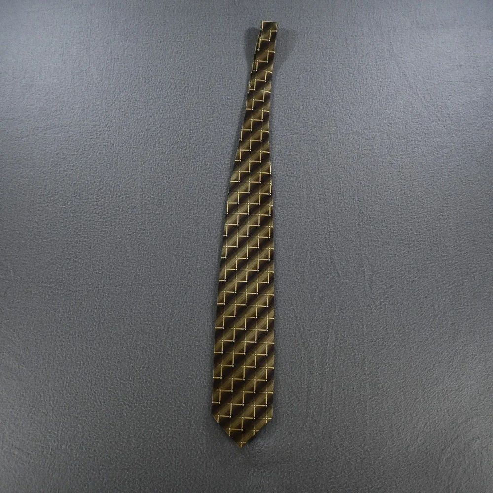 Roberto Villini Mens Collezione Geometric Plaid Silk Necktie OS Brown‎ Gold